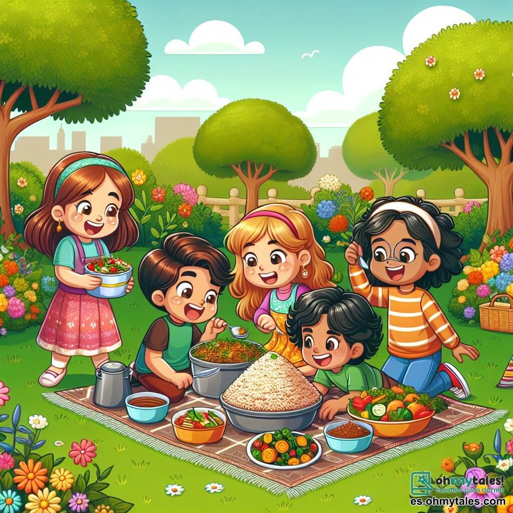 Ilustración que representa un parque soleado, lleno de flores coloridas y árboles frondosos. En el centro, un grupo de cinco niños se encuentra alrededor de un gran mantel de picnic, donde hay platos variados. Hay una niña de cabello largo y castaño, de unos 10 años, que sonríe alegremente mientras sirve un plato de biryani. A su lado, una niña de cabello rubio y rizado, también de 10 años, toma un bocado de pasteles riendo. Otra niña, de origen hispano, con cabello negro y liso, de 9 años, observa con curiosidad un plato de verduras. Una niña de cabello castaño y rizado, de unos 10 años, se inclina para probar un postre de chocolate. Por último, un niño de cabello corto y negro, de unos 10 años, se acerca con una gran sonrisa, sosteniendo un plato lleno de frutas. La escena principal muestra a estos niños compartiendo alegremente sus platos, intercambiando risas e historias sobre sus culturas. Al fondo, otros niños juegan y familias se reúnen, creando una atmósfera festiva y amigable. Globos de colores flotan en el aire, añadiendo un toque de alegría a la escena.
