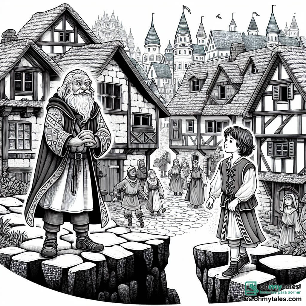 Une illustration destinée aux enfants représentant une jeune fille curieuse et intrépide, se tenant au bord d'une falaise escarpée, accompagnée d'un sage vieil homme vêtu de robes médiévales, dans un monde fantastique aux rues pavées de pierre, aux maisons aux toits de paille, et aux habitants vêtus de tuniques médiévales.