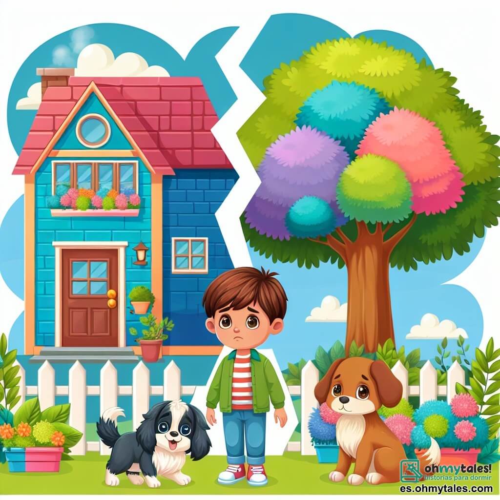 Une illustration destinée aux enfants représentant un jeune garçon aux cheveux bruns, vivant une séparation de ses parents, accompagné d'un adorable chien, dans une maison colorée avec un jardin fleuri et un arbre majestueux.