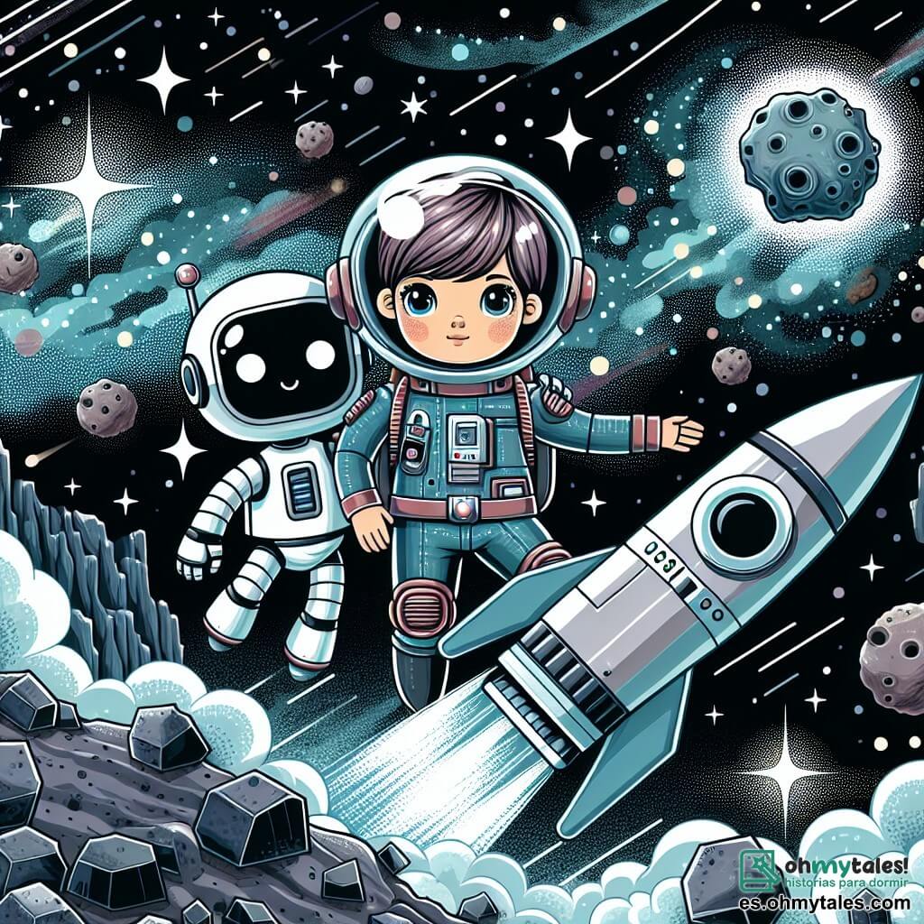 Une illustration destinée aux enfants représentant une courageuse astronaute femme affrontant une tempête d'astéroïdes aux côtés de son fidèle robot assistant, sur un vaisseau spatial brillant de mille étoiles, dans un univers infini et mystérieux.