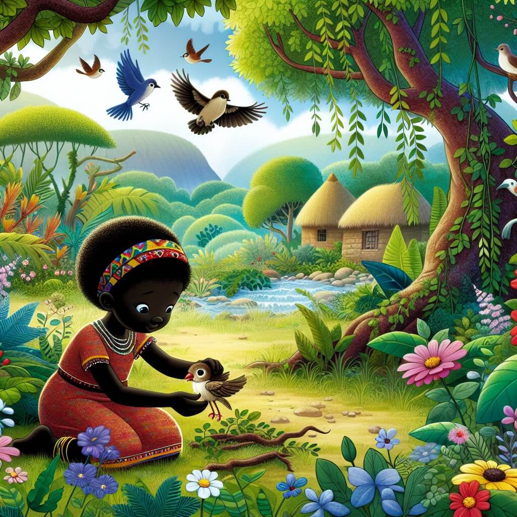 Une illustration destinée aux enfants représentant une femme courageuse, entourée d'une végétation luxuriante, prenant soin d'un petit gorrión blessé dans une aldea africaine, au cœur d'un bosque enchanté où les chants des oiseaux et les fleurs colorées évoquent la paix et la beauté de la nature.