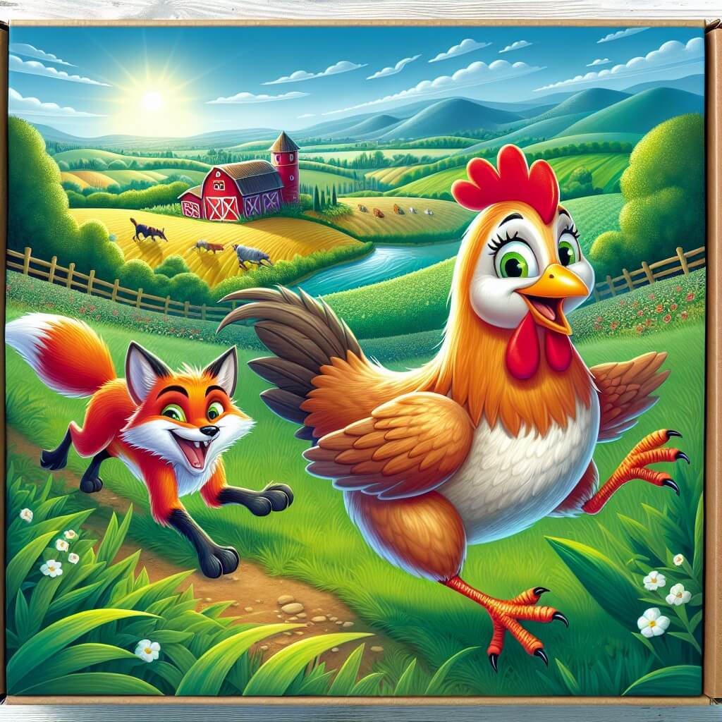 Une illustration destinée aux enfants représentant une poule pleine de malice et d'énergie, se retrouvant dans une aventure inattendue avec un renard rusé, dans une ferme pittoresque entourée de champs verdoyants et de collines vallonnées.
