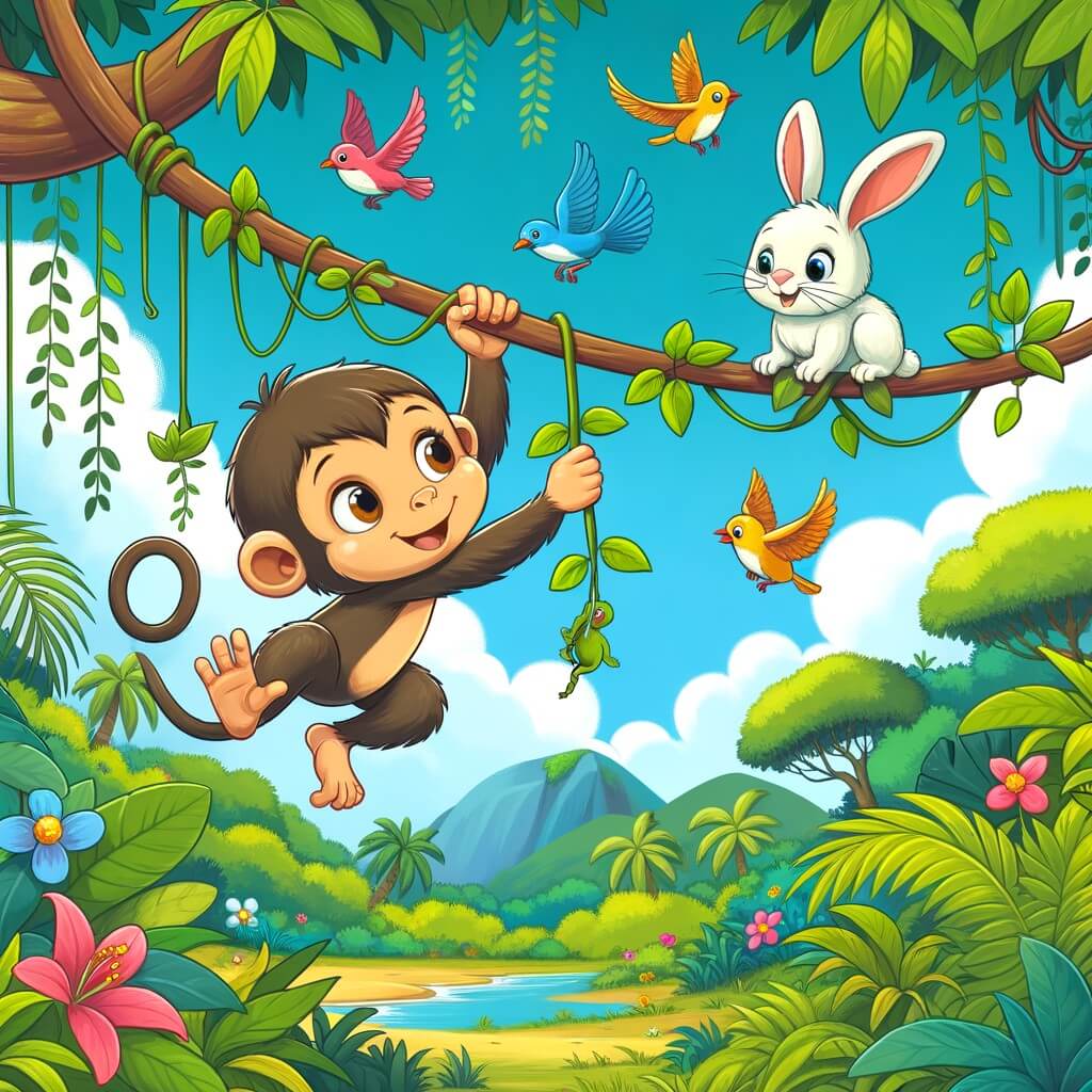 Une illustration destinée aux enfants représentant une guenon curieuse se balançant dans les lianes d'une luxuriante jungle, découvrant un petit lapin coincé dans un arbre, tandis que des oiseaux colorés volent joyeusement dans le ciel bleu azur au-dessus d'eux.