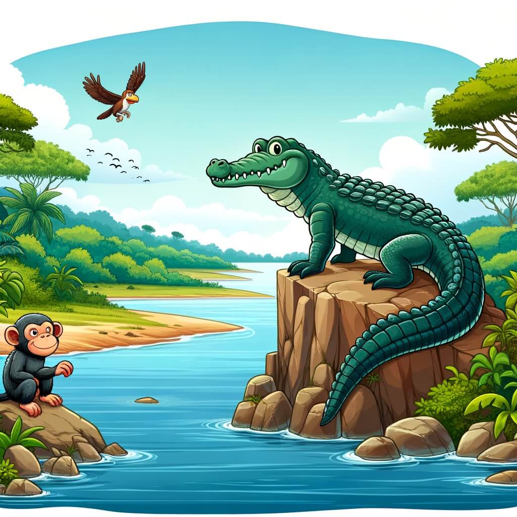 Une illustration destinée aux enfants représentant un majestueux crocodile solitaire, se tenant sur une roche au bord d'un vaste et luxuriant fleuve amazonien, avec un petit singe curieux à ses côtés.