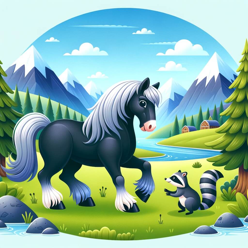 Une illustration destinée aux enfants représentant un magnifique cheval noir à la crinière argentée, faisant face à un grand défi avec l'aide d'un petit raton, dans un paisible prado entouré de montagnes majestueuses et de rivières cristallines.
