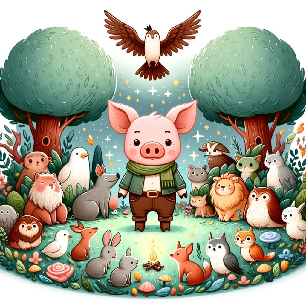 Une illustration destinée aux enfants représentant un petit cochon intrépide, qui se trouve au cœur d'un enchantant bosquet, accompagné de divers animaux qui deviendront ses amis lors de ses aventures.