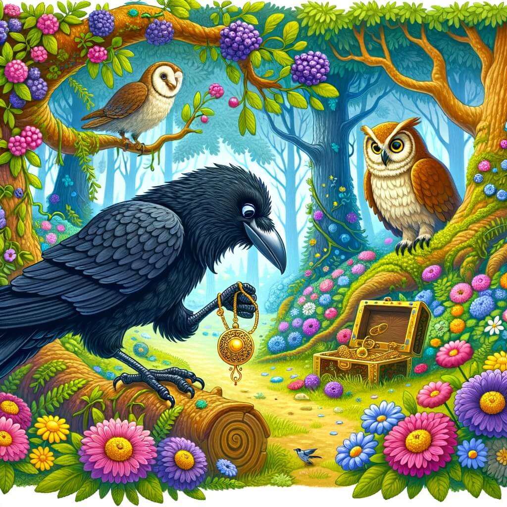 Une illustration destinée aux enfants représentant un corbeau curieux, perché sur une branche fleurie, découvrant un mystérieux collier doré dans un paisible bosquet enchanté rempli d'arbres majestueux et de fleurs colorées, tandis qu'un hibou sage l'observe avec bienveillance depuis un arbre voisin.