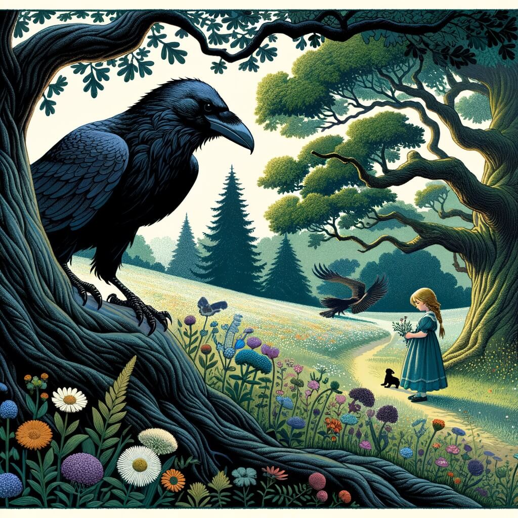 Une illustration destinée aux enfants représentant un élégant corbeau noir, perché sur une branche d'un majestueux chêne, observant avec curiosité une petite fille vêtue d'une robe bleue, cueillant des fleurs sauvages dans un magnifique bosquet verdoyant.