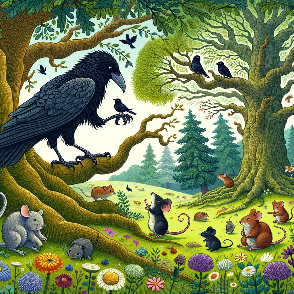 Une illustration destinée aux enfants représentant un corbeau au plumage noir comme la nuit, perché sur une branche d'un majestueux chêne, rencontrant une petite souris perdue dans une forêt enchantée remplie de fleurs colorées, d'arbres verdoyants et d'animaux curieux.