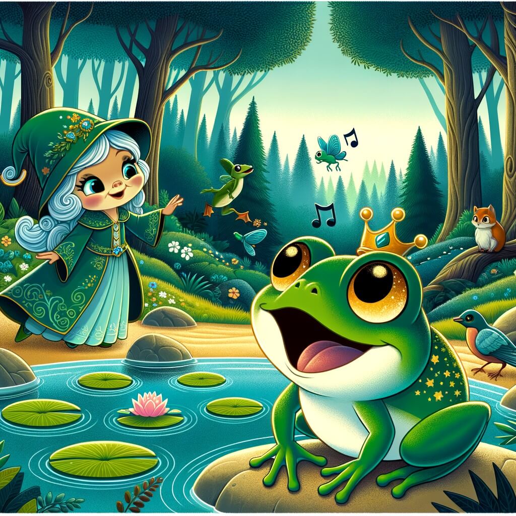 Une illustration destinée aux enfants représentant une rana curieuse et joyeuse, découvrant une magnifique charca au cœur d'un enchanté bosque, où elle rencontre une mystérieuse rana de couleur verte émeraude aux yeux dorés, qui possède un talent exceptionnel pour le chant.