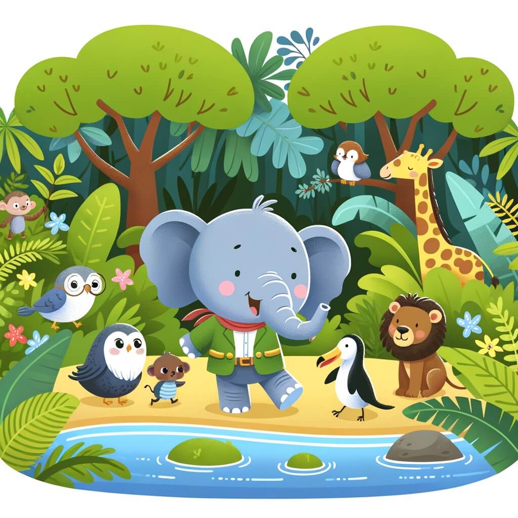 Une illustration destinée aux enfants représentant un éléphant curieux et aventurier qui se trouve dans une luxuriante forêt tropicale, accompagné d'animaux amis, tandis qu'ils découvrent de merveilleuses aventures et viennent en aide à d'autres animaux en détresse.