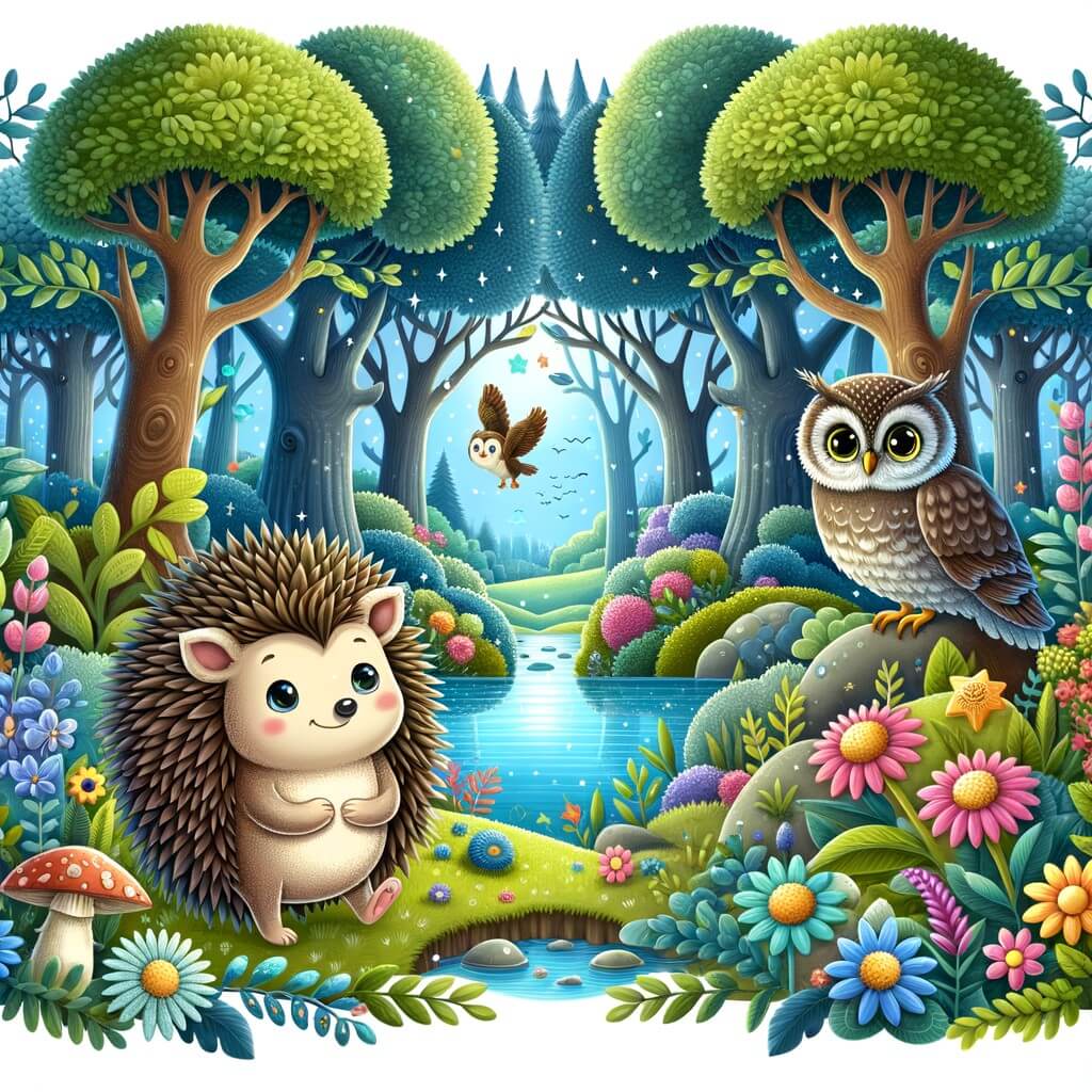Une illustration destinée aux enfants représentant un adorable hérisson, perdu dans un mystérieux et enchanteur bosquet, accompagné d'un sage hibou, dans un lieu où les arbres majestueux se mêlent à des fleurs éclatantes et à un lac cristallin.