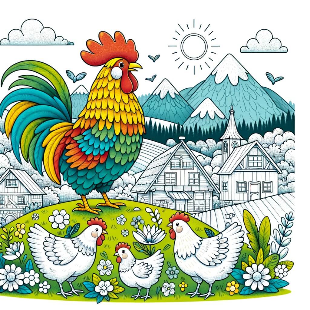 Une illustration destinée aux enfants représentant un fier coq au plumage éclatant, se tenant au sommet d'une colline verdoyante, entouré de poules curieuses, dans un petit village pittoresque où les montagnes embrassent le ciel et les fleurs dansent au gré du vent.