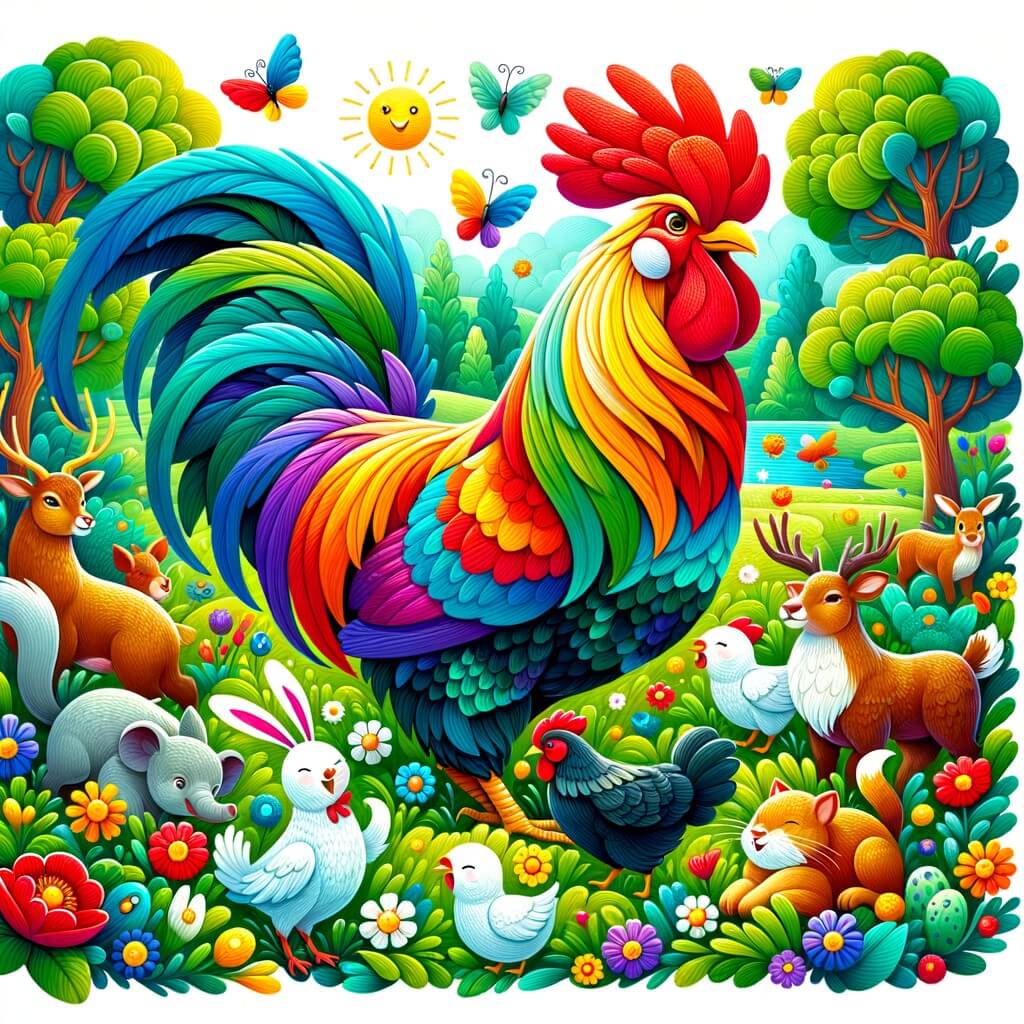Une illustration destinée aux enfants représentant un magnifique gallo aux couleurs vives, entouré d'animaux amis, explorant un prado verdoyant parsemé de fleurs sauvages, dans une ambiance ensoleillée et joyeuse.