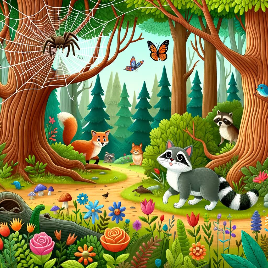 Une illustration destinée aux enfants représentant un espiègle gato, qui se retrouve dans une forêt enchantée remplie d'arbres majestueux, de fleurs colorées et d'animaux curieux, où il fait la rencontre d'un ratón capturé dans une toile d'araignée.