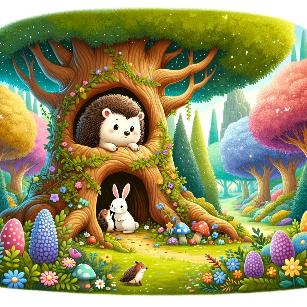 Une illustration destinée aux enfants représentant un adorable hérisson solitaire, vivant dans un petit trou au creux d'un majestueux arbre, découvrant l'amitié avec un petit lapin, dans un magnifique bosquet enchanté rempli de fleurs colorées et d'arbres verdoyants.