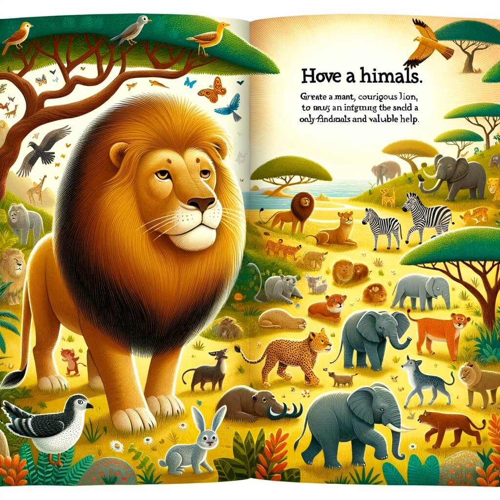 Une illustration destinée aux enfants représentant un majestueux lion courageux, se trouvant dans une savane luxuriante, où il rencontre divers animaux qui deviennent ses amis grâce à sa gentillesse et son aide précieuse.