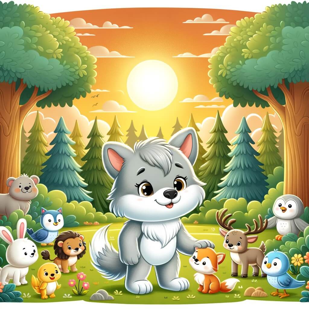 Une illustration destinée aux enfants représentant un loup au pelage gris argenté, se tenant debout avec douceur et gentillesse, entouré d'animaux joyeux dans un bois enchanté aux arbres majestueux, baigné par les rayons dorés du soleil couchant.