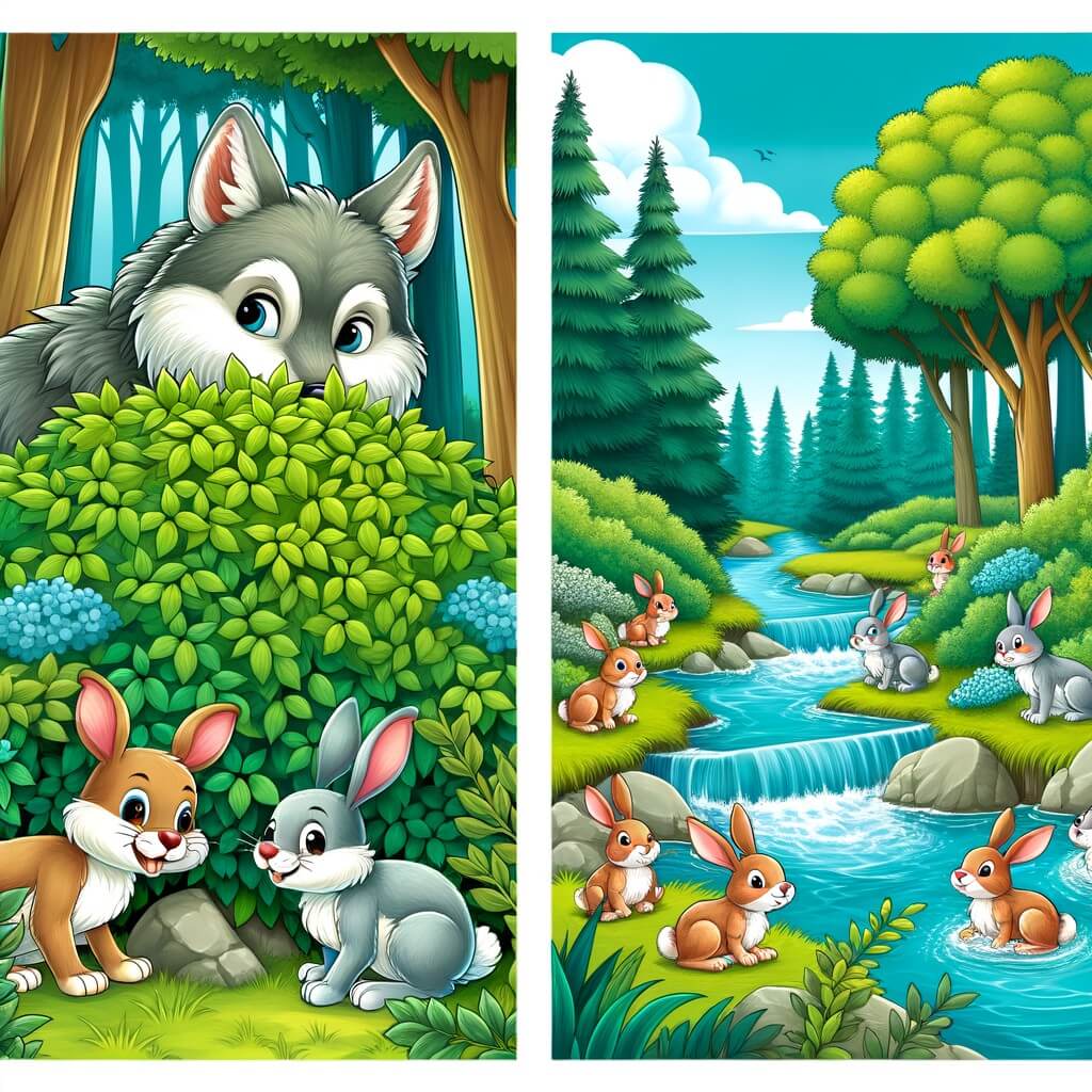 Une illustration destinée aux enfants représentant un loup curieux, se cachant derrière un arbuste, découvrant un groupe de lapins en pleine réunion secrète, dans un magnifique bosque verdoyant avec un ruisseau cristallin qui coule paisiblement.