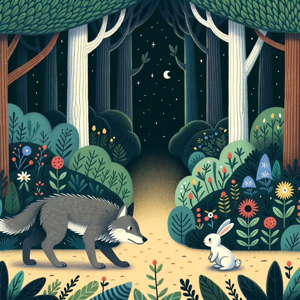 Une illustration destinée aux enfants représentant un loup solitaire, affamé, découvrant un petit lapin pris au piège dans une forêt sombre et mystérieuse, entourée de grands arbres aux feuilles chatoyantes et d'épais buissons remplis de fleurs colorées.