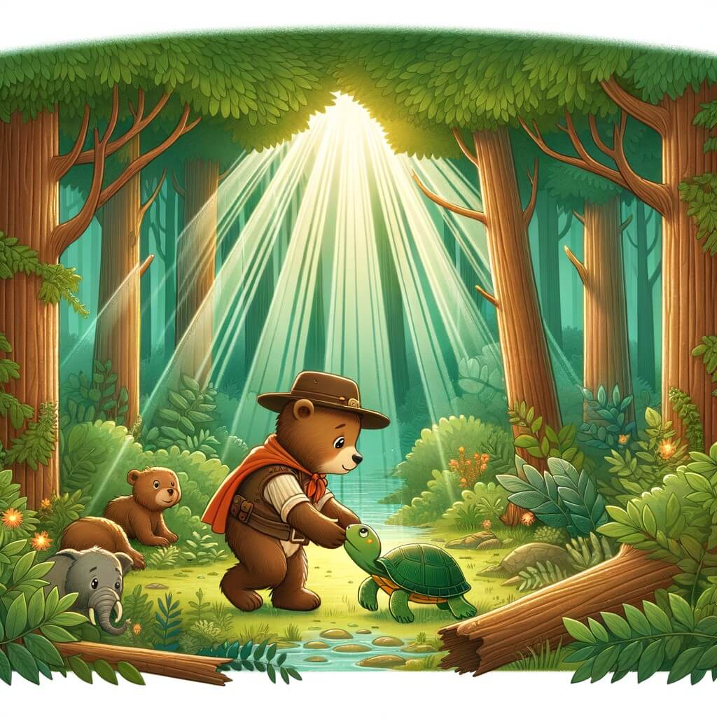 Une illustration destinée aux enfants représentant un petit ourson curieux et aventurier qui aide une tortue blessée, dans une forêt enchantée où les arbres sont si grands qu'ils touchent le ciel et les rayons du soleil filtrent à travers les feuilles vertes, créant une ambiance magique.