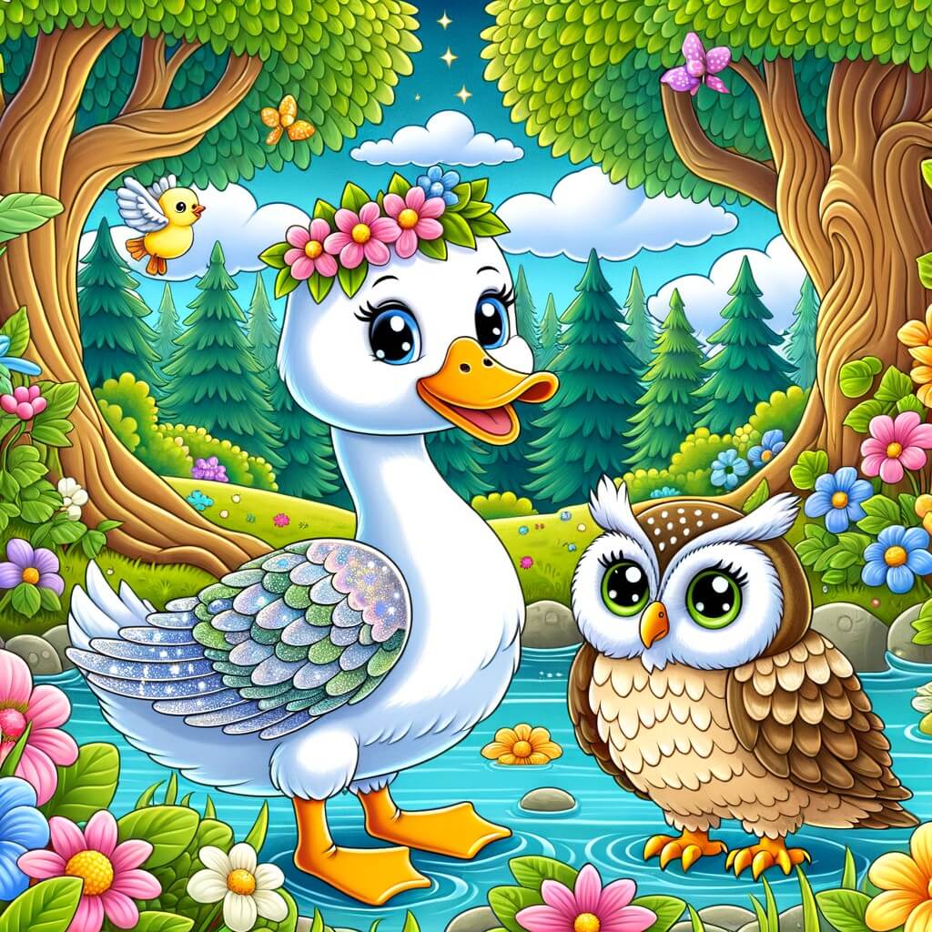Une illustration destinée aux enfants représentant un adorable pato aux plumes scintillantes, accompagné d'un sage búho, dans un estanque idyllique entouré de magnifiques arbres et de fleurs colorées.