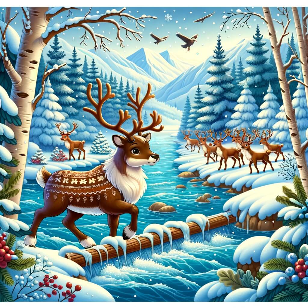 Une illustration destinée aux enfants représentant un adorable reno, avec son pelage doux et brillant, qui fait face à un grand défi en traversant un majestueux et tumultueux fleuve dans un magnifique et enchanteur bois hivernal.