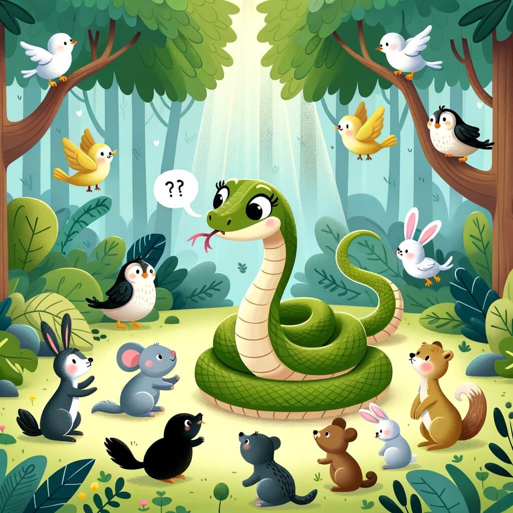 Une illustration destinée aux enfants représentant une serpente curieuse, entourée de ses amis animaux, découvrant un mystérieux bruit dans un luxuriant bosque enchanté.
