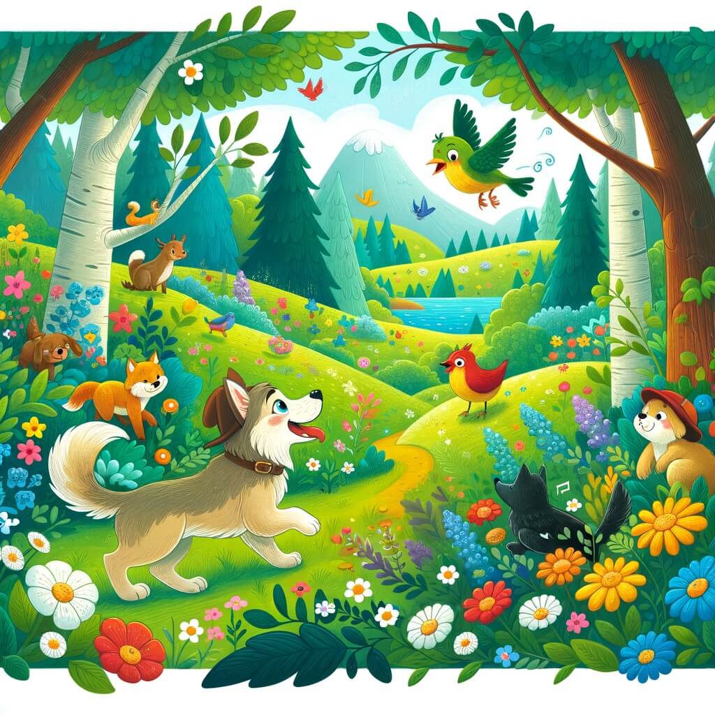 Une illustration destinée aux enfants représentant un perro intrépide, dans une prairie verdoyante, rencontrant un oiseau bavard qui l'entraîne dans une aventure incroyable à travers une forêt enchantée remplie de fleurs colorées et d'animaux joyeux.