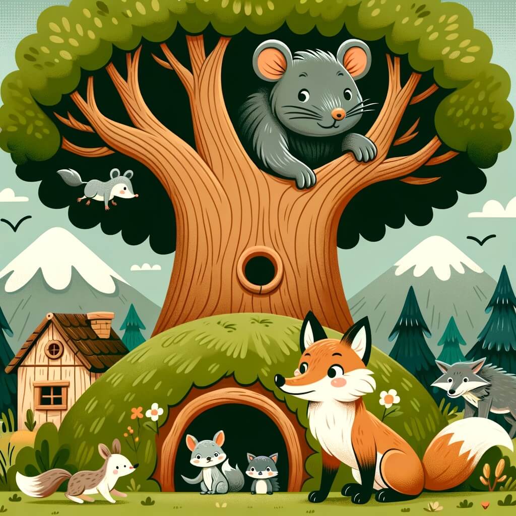 Une illustration destinée aux enfants représentant une petite rata malicieuse, vivant dans une charmante madriguera sous un majestueux chêne, accompagnée d'une renarde en détresse, dans un paisible village forestier envahi par une meute de loups sauvages.