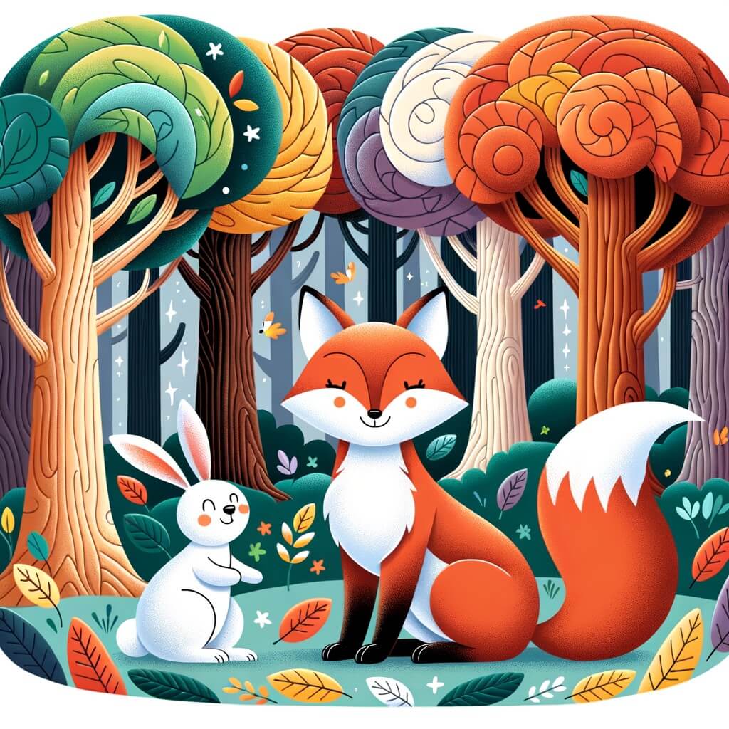 Une illustration destinée aux enfants représentant un rusé renard roux, se retrouvant dans une forêt enchantée remplie de grands arbres aux feuilles multicolores, accompagné d'un joyeux lapin blanc.