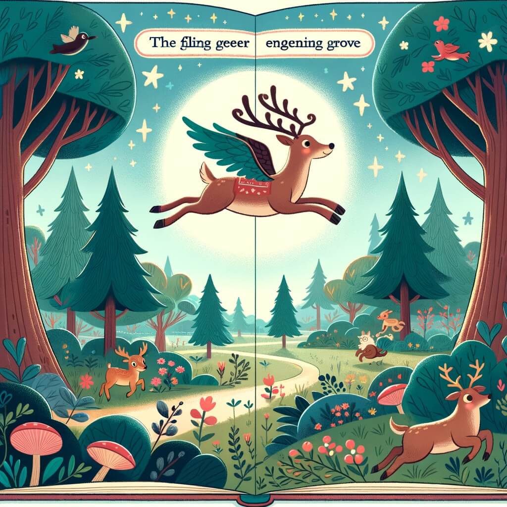 Une illustration destinée aux enfants représentant un adorable reno volant au-dessus d'un magnifique bosquet enchanté, où il rencontre de charmants animaux et les aide à retrouver leur chemin.