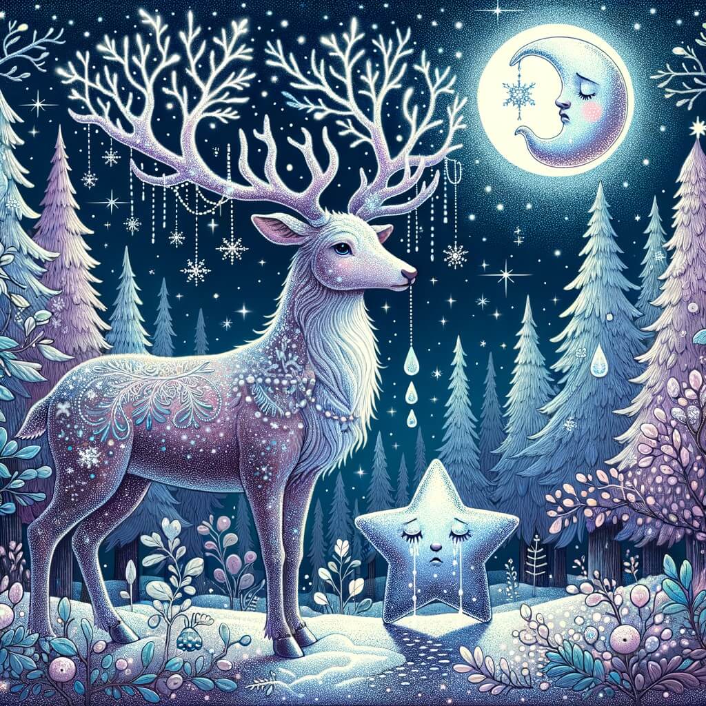 Une illustration destinée aux enfants représentant un majestueux reno, avec ses bois ornés de flocons de neige scintillants, dans une forêt enchantée où les arbres semblent danser sous la lueur magique de la lune, accompagné d'une étoile perdue aux larmes d'argent.
