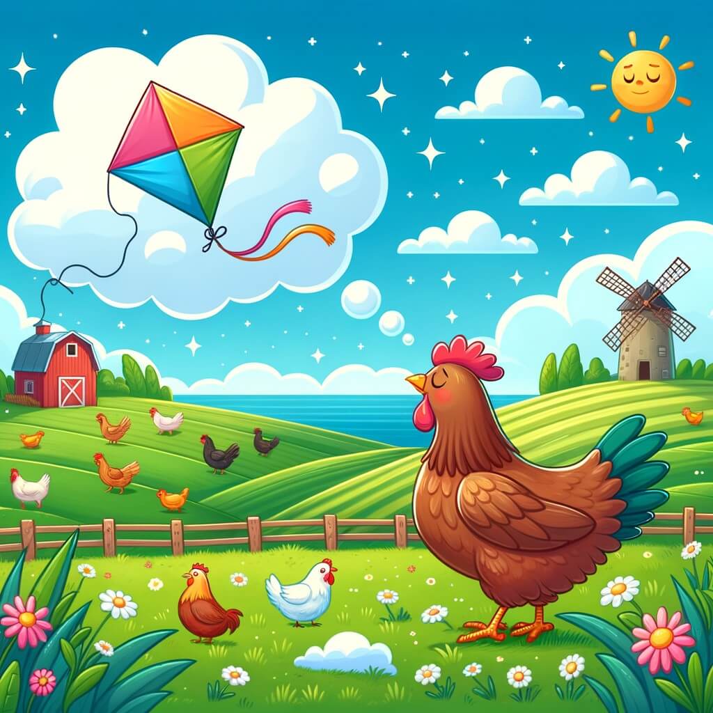 Une illustration destinée aux enfants représentant une gallina rêveuse, qui tente de voler avec l'aide d'une cometa colorée, dans une ferme paisible entourée de vastes champs verdoyants et d'un ciel bleu éclatant.