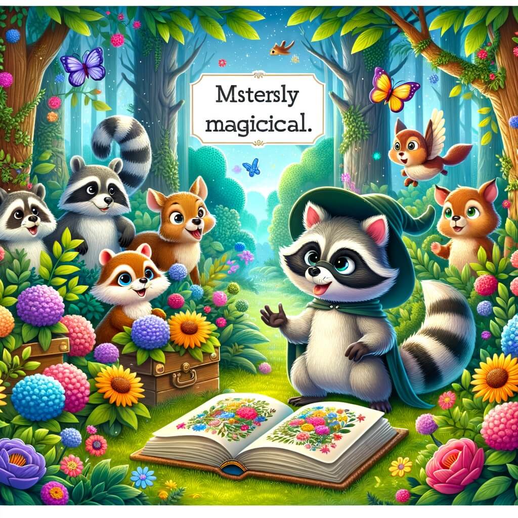 Une illustration destinée aux enfants représentant un petit raton intrépide et curieux, se trouvant face à un mystérieux livre magique, accompagné d'un joyeux groupe d'animaux parlants, dans un luxuriant bosquet enchanté rempli de fleurs colorées et d'arbres majestueux.