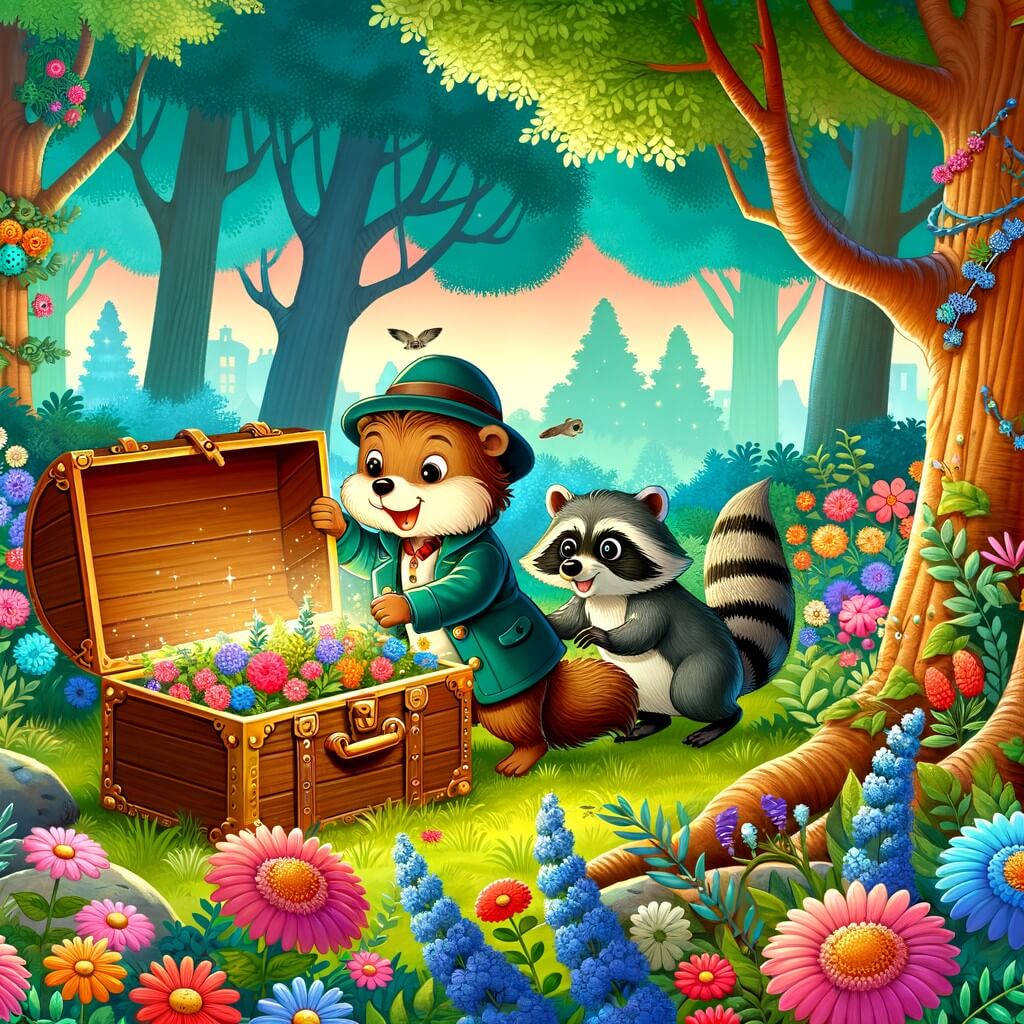 Une illustration destinée aux enfants représentant une marmotte curieuse, découvrant un mystérieux trésor caché, accompagnée d'un raton laveur malicieux, dans un magnifique bosquet rempli de fleurs colorées et d'arbres majestueux.