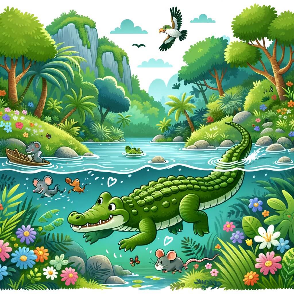 Une illustration destinée aux enfants représentant un crocodile curieux et aventurier, nageant dans un magnifique río entouré de verdoyantes forêts et de fleurs colorées, accompagné d'un petit ratoncito et d'autres animaux amicaux, tous en quête d'un trésor perdu au fond de l'eau.