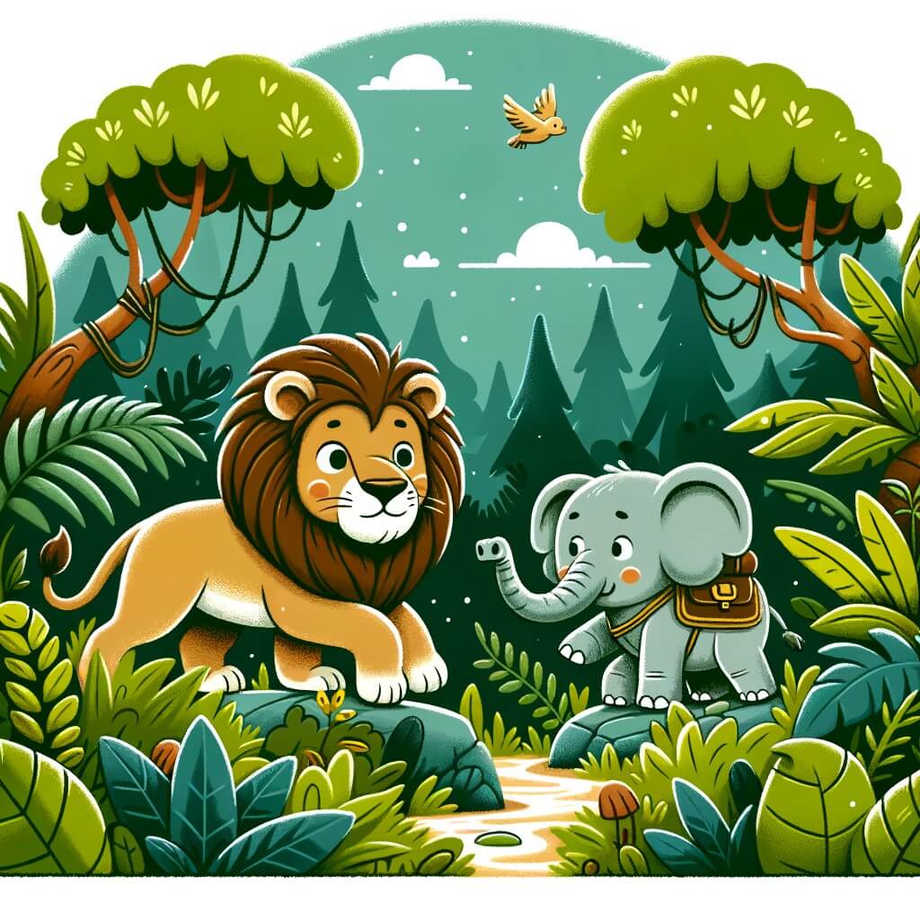 Une illustration destinée aux enfants représentant un majestueux lion, se trouvant dans une jungle dense et luxuriante, accompagné d'un triste éléphant, dans une aventure à la recherche d'un trésor perdu.