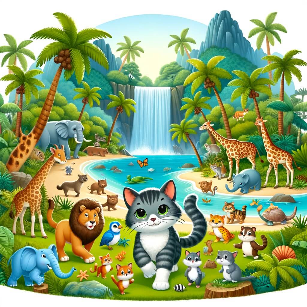 Une illustration destinée aux enfants représentant un gato aventurero, entouré de ses amis animaux, explorant une île tropicale luxuriante avec des palmiers majestueux, des cascades scintillantes et des animaux exotiques.