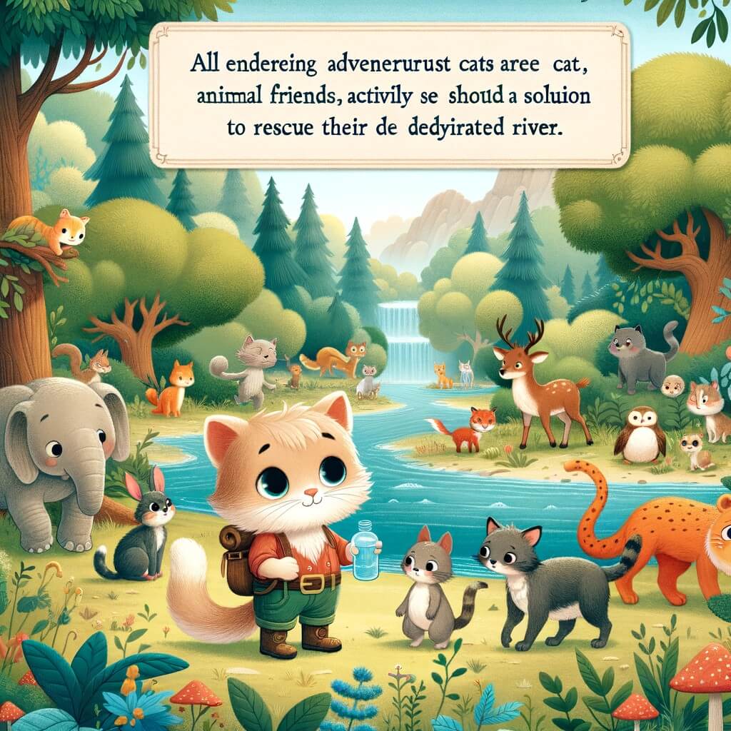Une illustration destinée aux enfants représentant un adorable gato aventurero, se tenant au milieu d'un magnifique bosque, entouré de ses amis animaux, cherchant une solution pour sauver leur rivière asséchée.