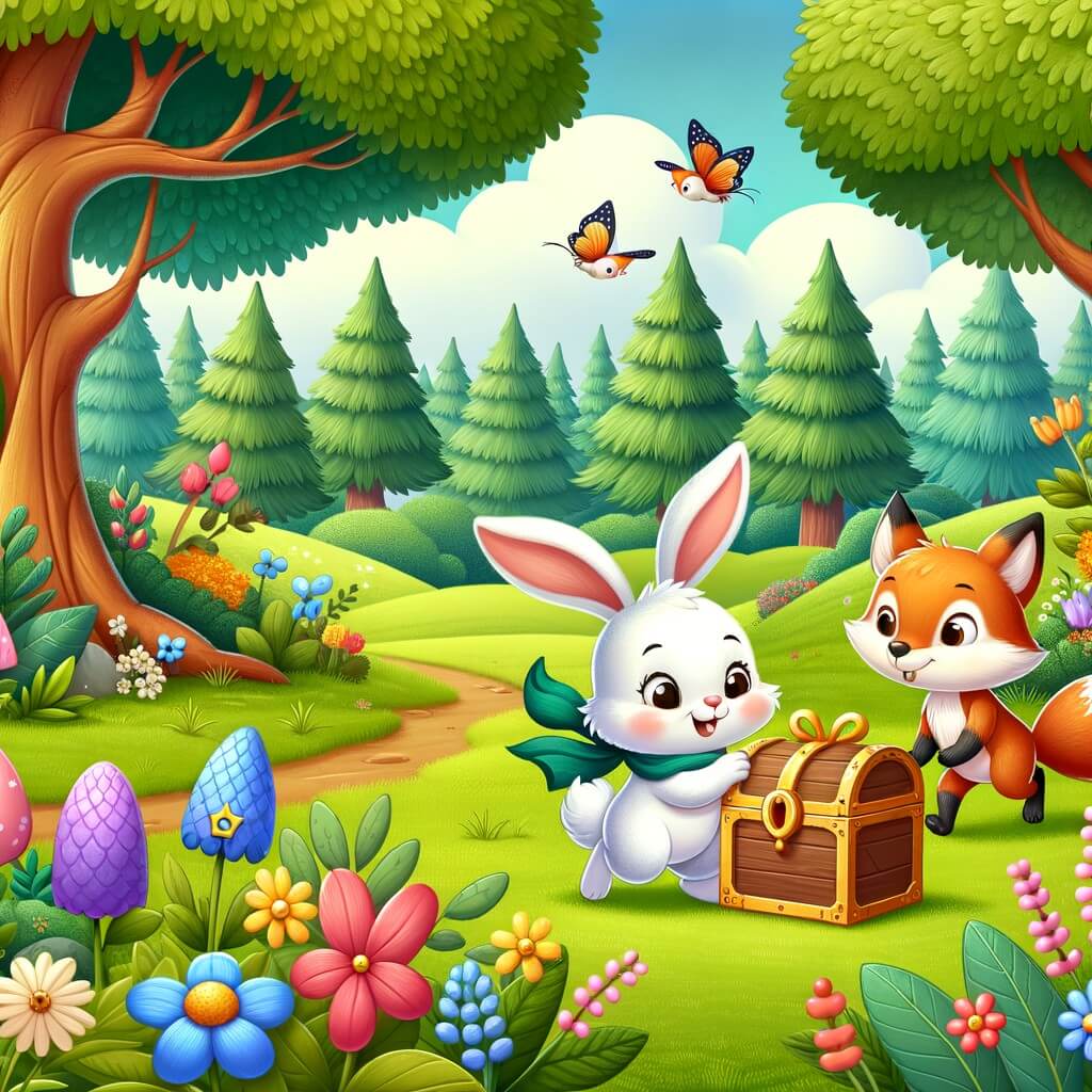 Une illustration destinée aux enfants représentant un adorable petit lapin blanc, courageux et curieux, qui part à la recherche d'un trésor légendaire avec l'aide d'un renard rusé, dans un magnifique et enchanteur bois peuplé d'arbres majestueux, de fleurs colorées et d'animaux joyeux.