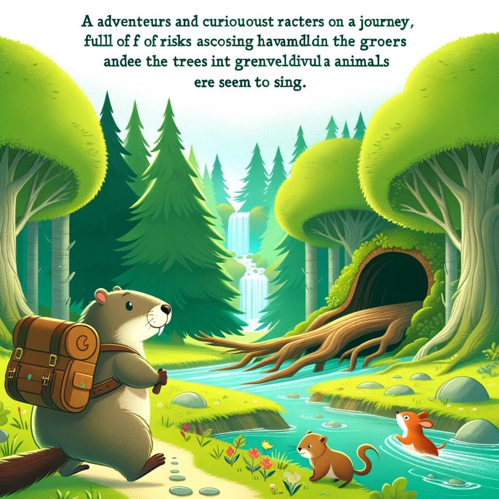 Une illustration destinée aux enfants représentant une marmota intrépide et curieuse, se lançant dans une aventure pleine de dangers aux côtés d'animaux bienveillants, dans un paisible et enchanteur bosquet verdoyant, où les arbres dansent et les ruisseaux chantent.