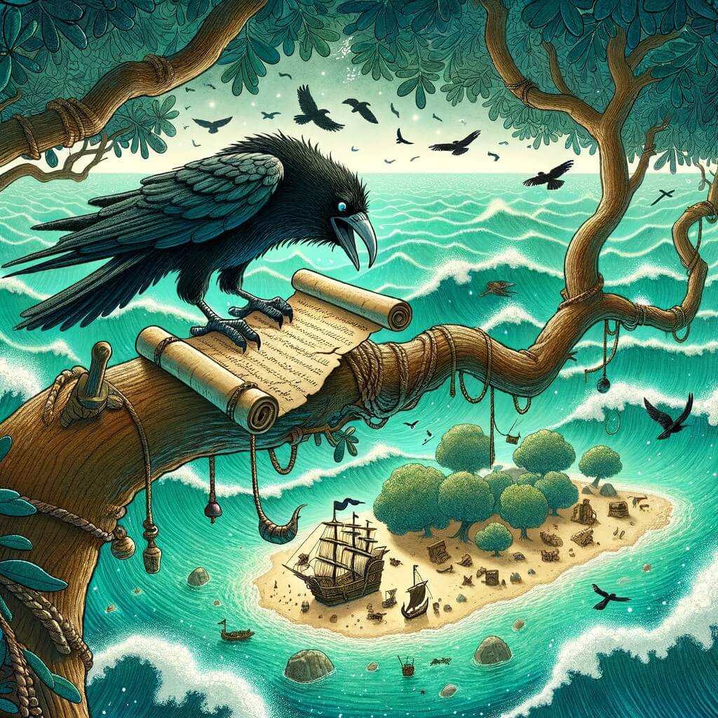 Une illustration destinée aux enfants représentant un corbeau intrépide, perché sur une branche d'un grand chêne, découvrant un vieux parchemin qui dévoile un trésor caché sur une île mystérieuse entourée de vagues turquoise scintillantes.