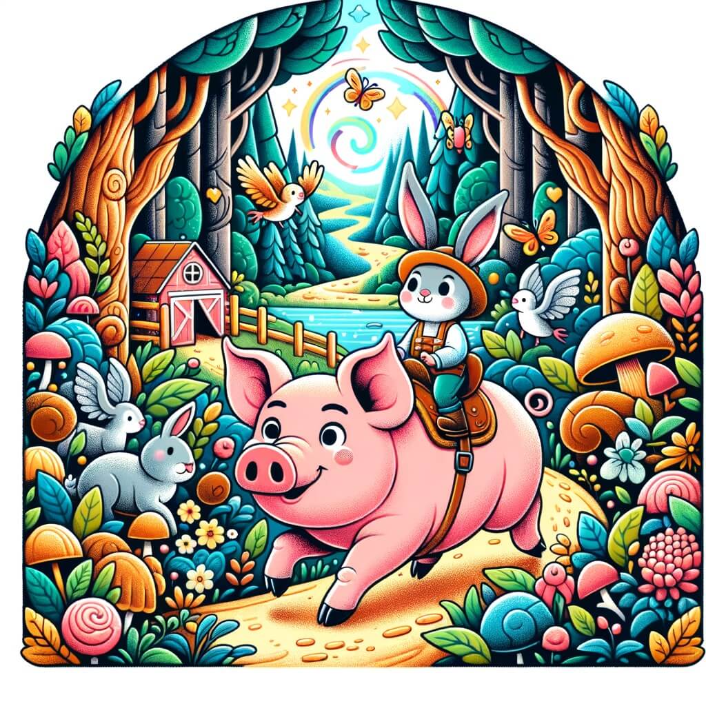 Une illustration destinée aux enfants représentant un petit cochon courageux, vivant dans une ferme, qui explore un magnifique et coloré bosque enchanté en compagnie de son nouvel ami, un adorable conejito.