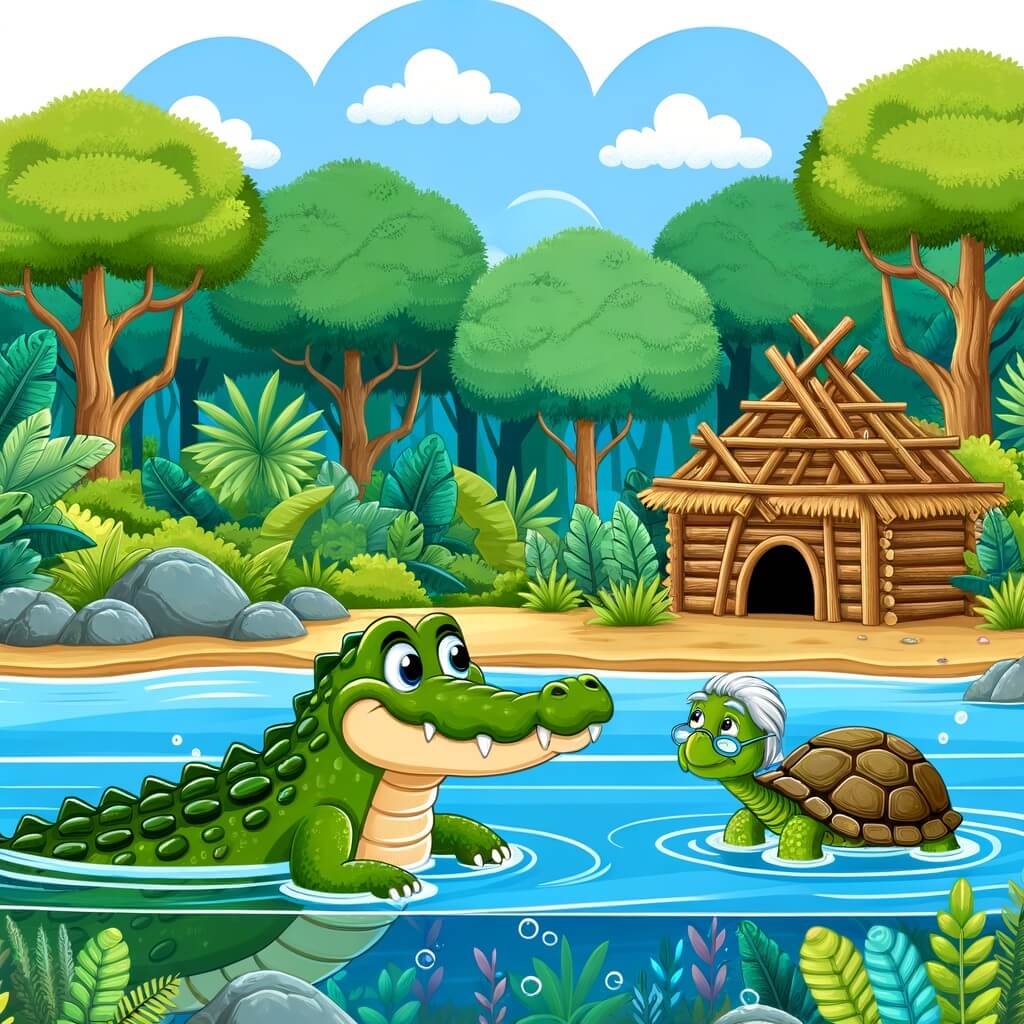 Une illustration destinée aux enfants représentant un fier crocodile, nageant dans une lagune luxuriante de la jungle, où il rencontre une tortue âgée en train de construire un refuge.