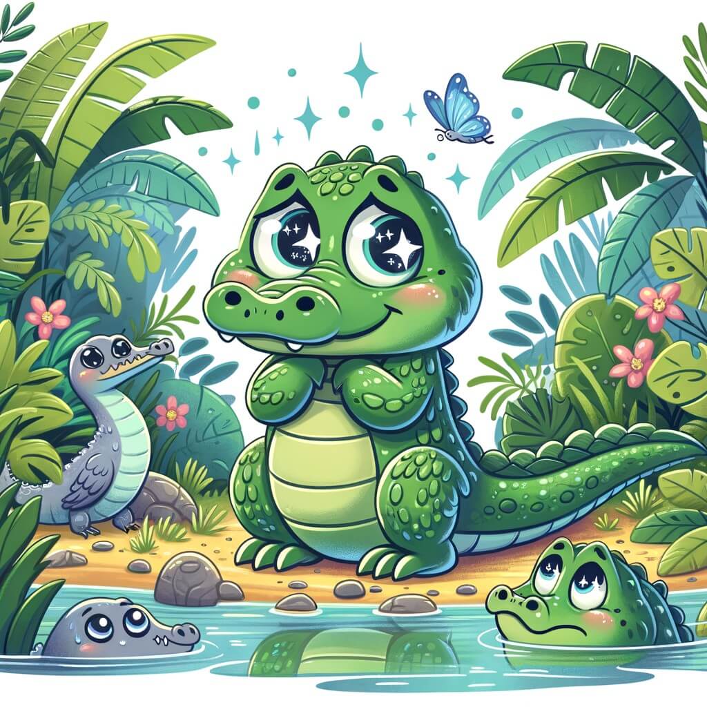 Une illustration destinée aux enfants représentant un petit crocodile aux écailles lisses et aux yeux brillants, se sentant seul et différent des autres animaux de la luxuriante jungle tropicale.