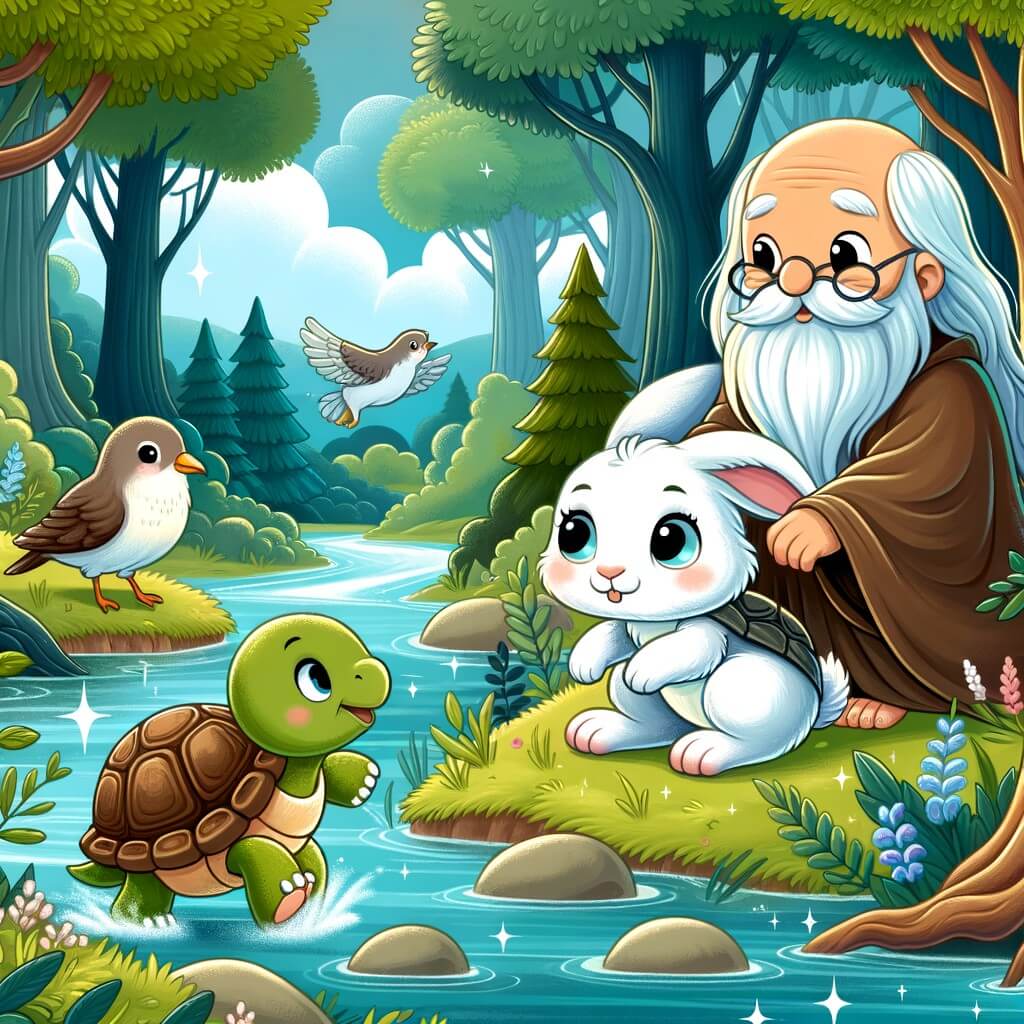 Une illustration destinée aux enfants représentant un adorable petit lapin courageux, se trouvant dans une forêt enchantée, accompagné d'un oiseau perdu, à la recherche de sa famille, tout en étant guidé par une vieille tortue sage, dans un paysage luxuriant avec des arbres majestueux et des rivières scintillantes.