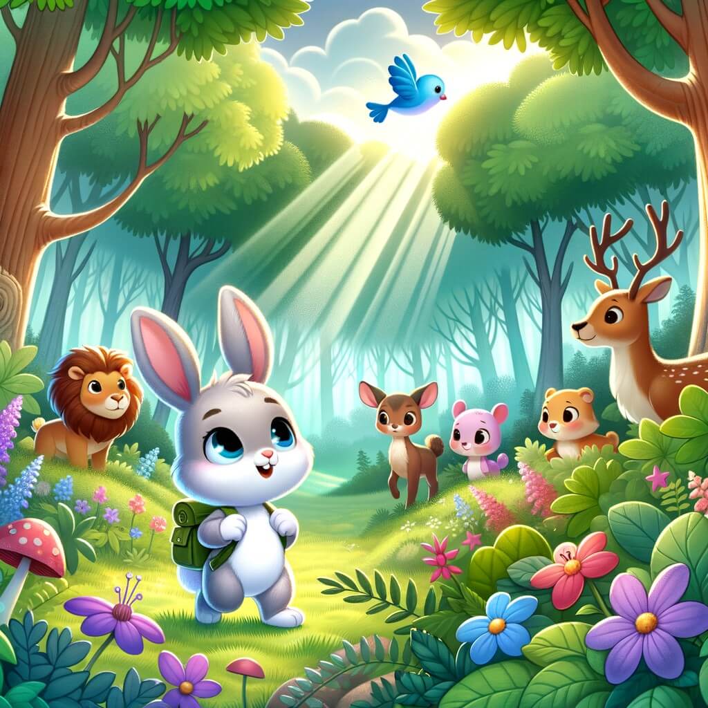Une illustration destinée aux enfants représentant un adorable petit lapin, curieux et intrépide, découvrant un mystérieux bosquet enchanté peuplé d'animaux parlants, situé au cœur d'une forêt luxuriante aux arbres majestueux, aux fleurs colorées et aux rayons de soleil filtrant à travers les feuillages.