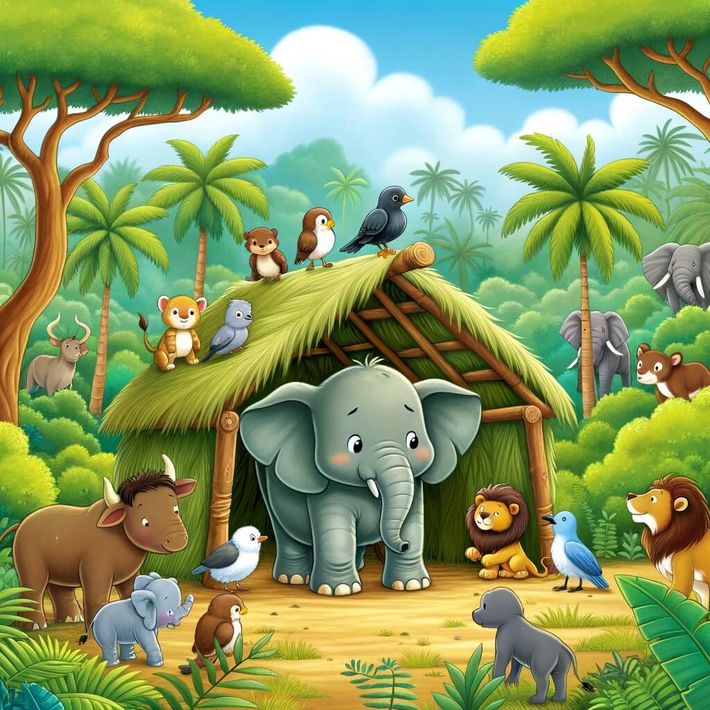 Une illustration destinée aux enfants représentant un éléphant courageux et bienveillant, se tenant au milieu d'une luxuriante jungle africaine, entouré de ses amis animaux, tandis qu'ils construisent un refuge pour échapper aux pièges d'un chasseur.