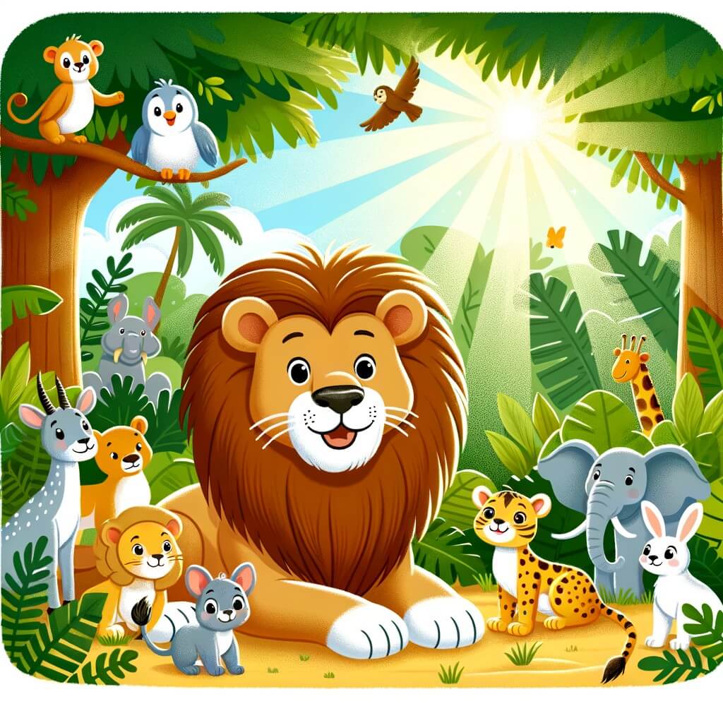 Une illustration destinée aux enfants représentant un majestueux roi de la jungle, entouré d'animaux curieux, dans une luxuriante forêt tropicale où les rayons du soleil filtrent à travers les feuilles.